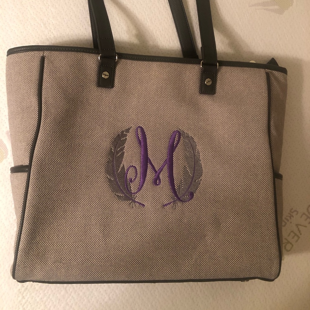 Gray Cindy Tote woven fabric, gray/purple monogram
